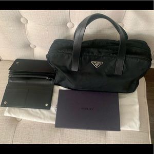 PRADA NYLON SMALL TOTE WITH PRADA NYLON WALLET WITH SILVER HARDWARE